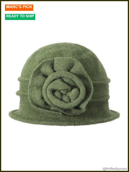 Wool Cloche Bucket Hat 1920s Vintage Dress Winter Hat with Flower Accent
